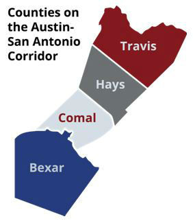 Another Texas Metroplex? Counties on the Austin San Antonio Corridor Map